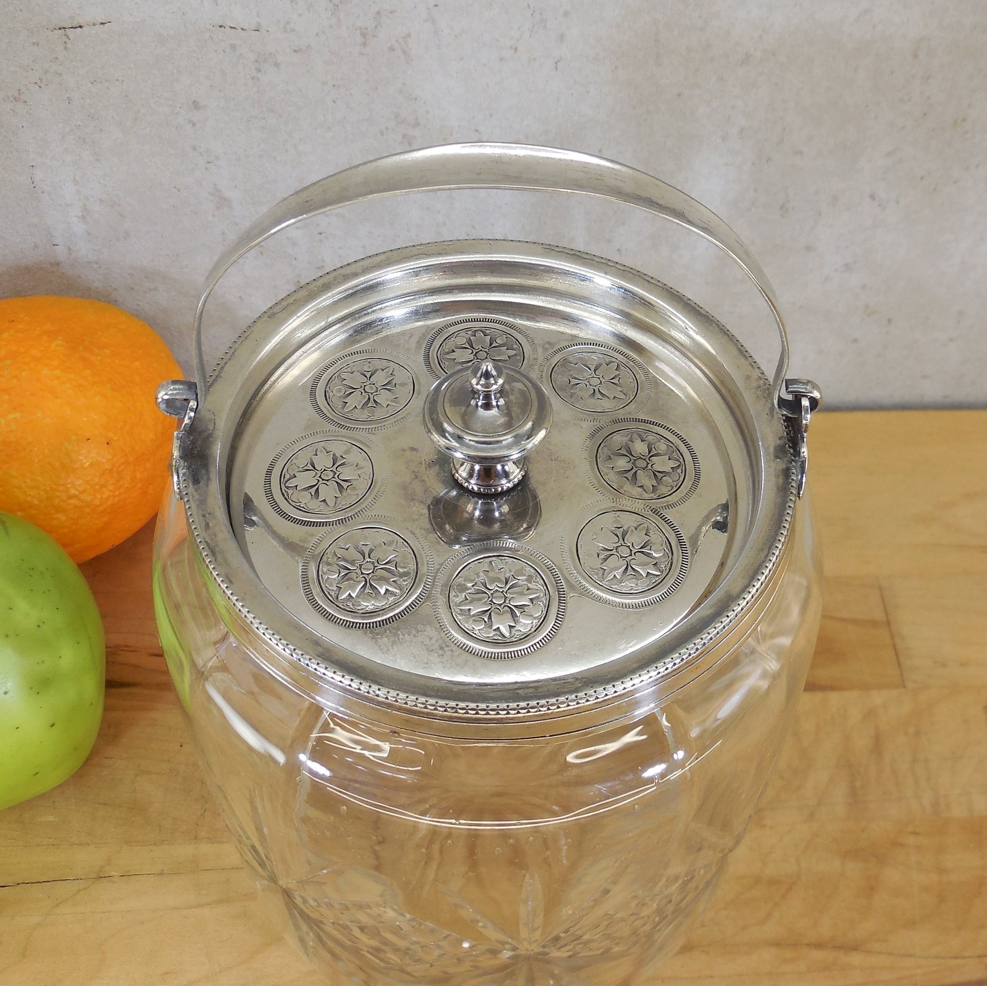 Unbranded Antique Silver Plate Crystal Cut Glass Biscuit Jar Medallions