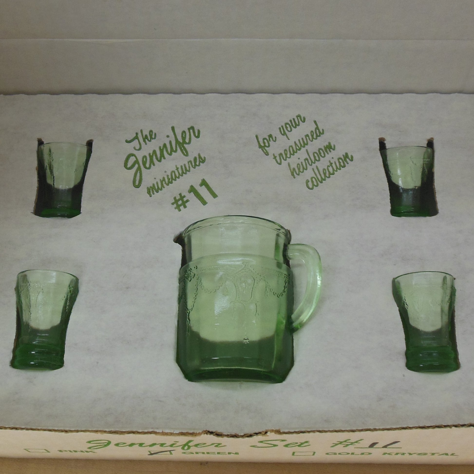 Mosser Green Glass The Jennifer Miniature Green 11 Pitcher Tumblers NOS in box new
