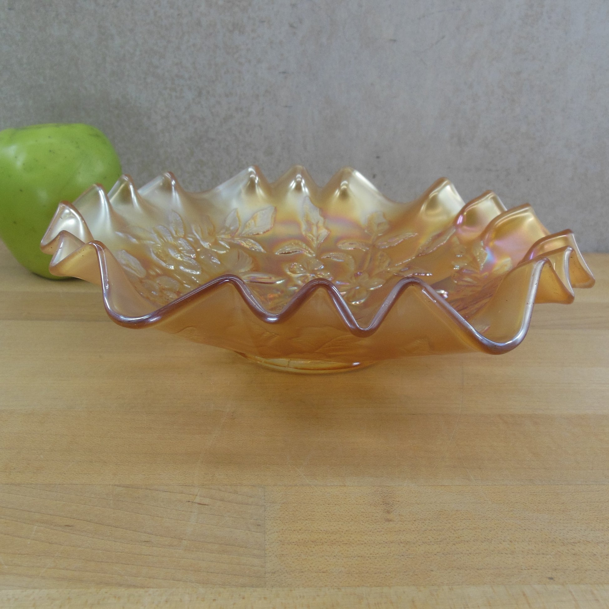 Millersburg Trout & Fly Marigold Carnival Glass Ruffled Bowl 3-1 Rim 9.5"