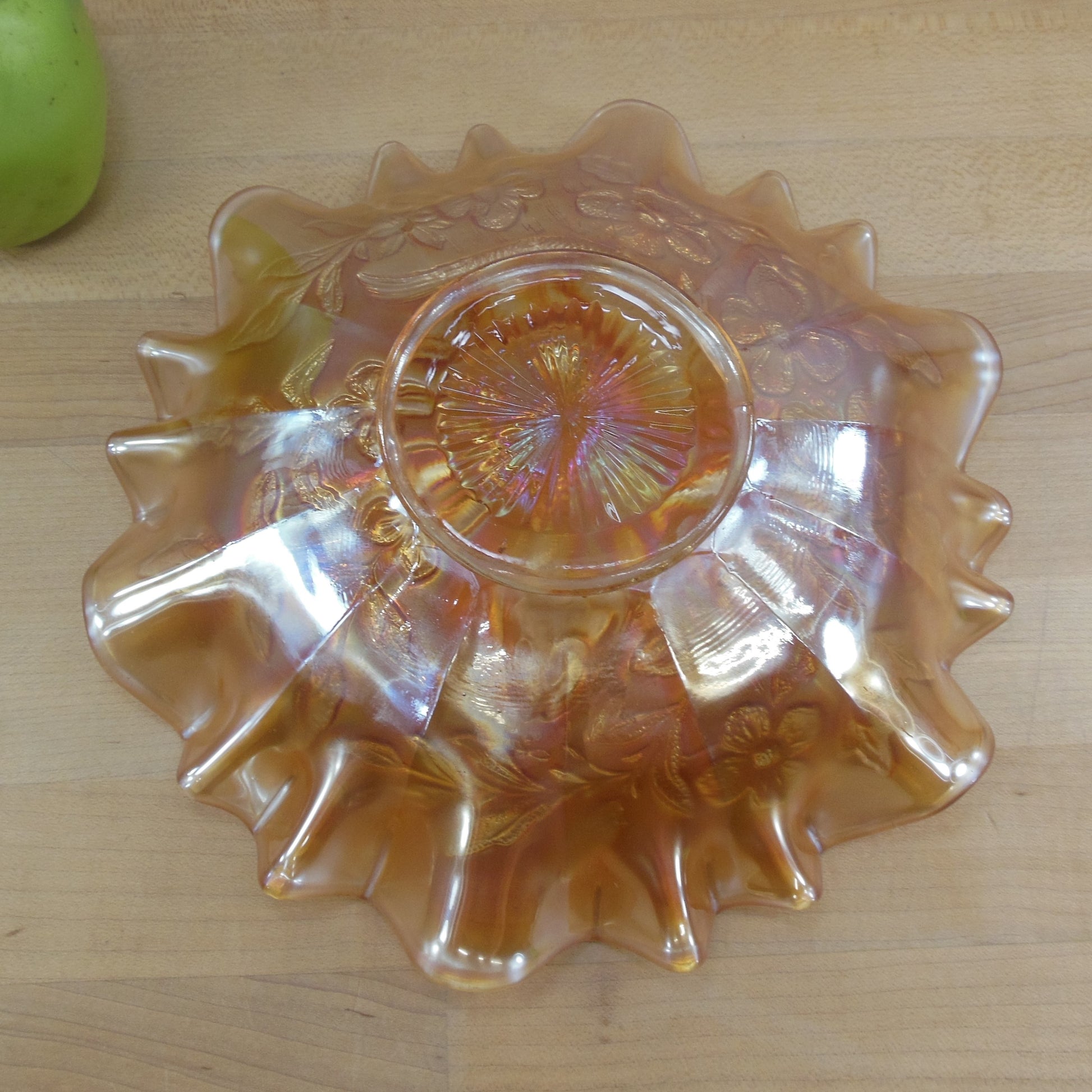 Millersburg Trout & Fly Marigold Carnival Glass Ruffled Bowl 3-1 antique