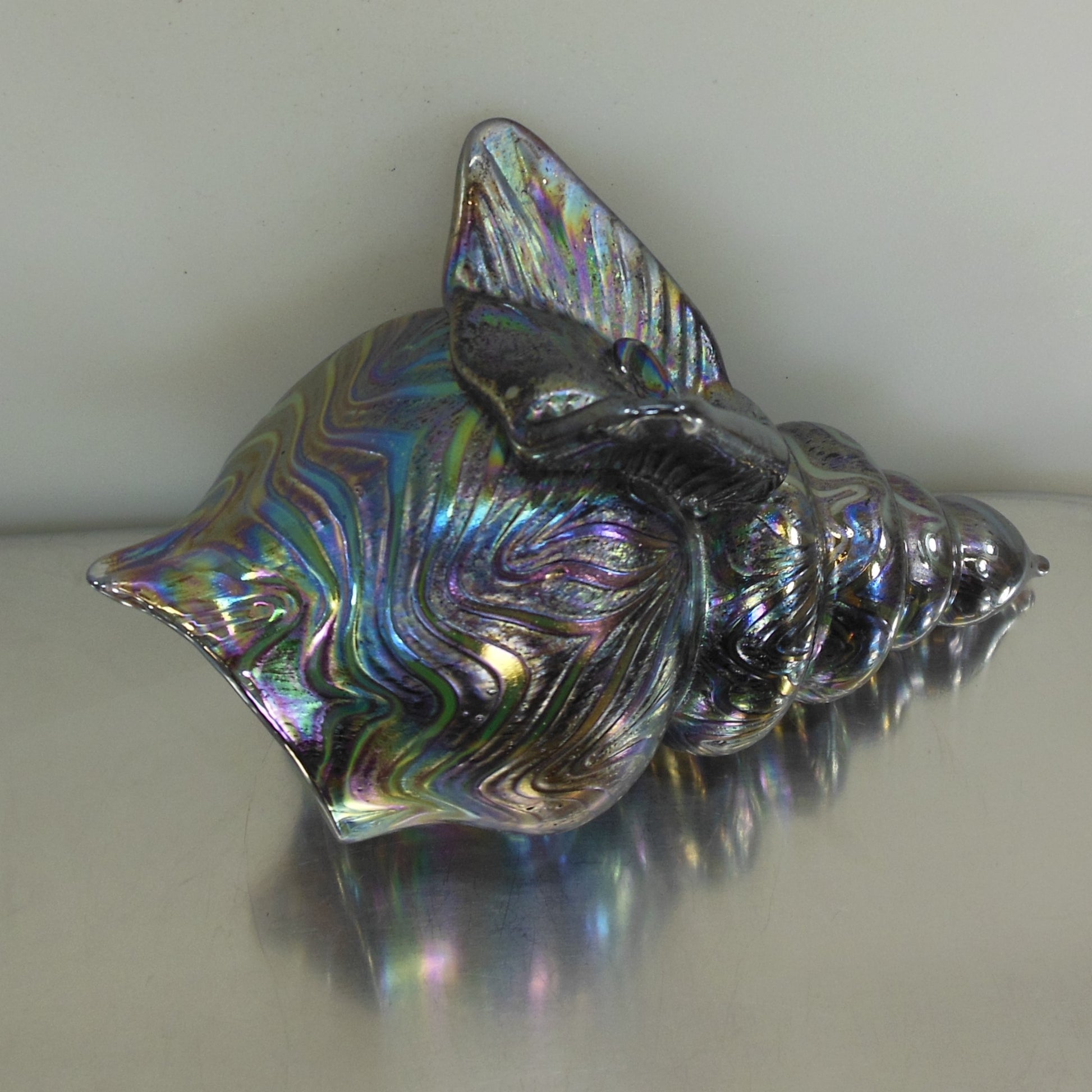 Igor Muller 1999 Bohemian Blown Art Glass Conch Shell Blue Purple Feathered Loetz Style