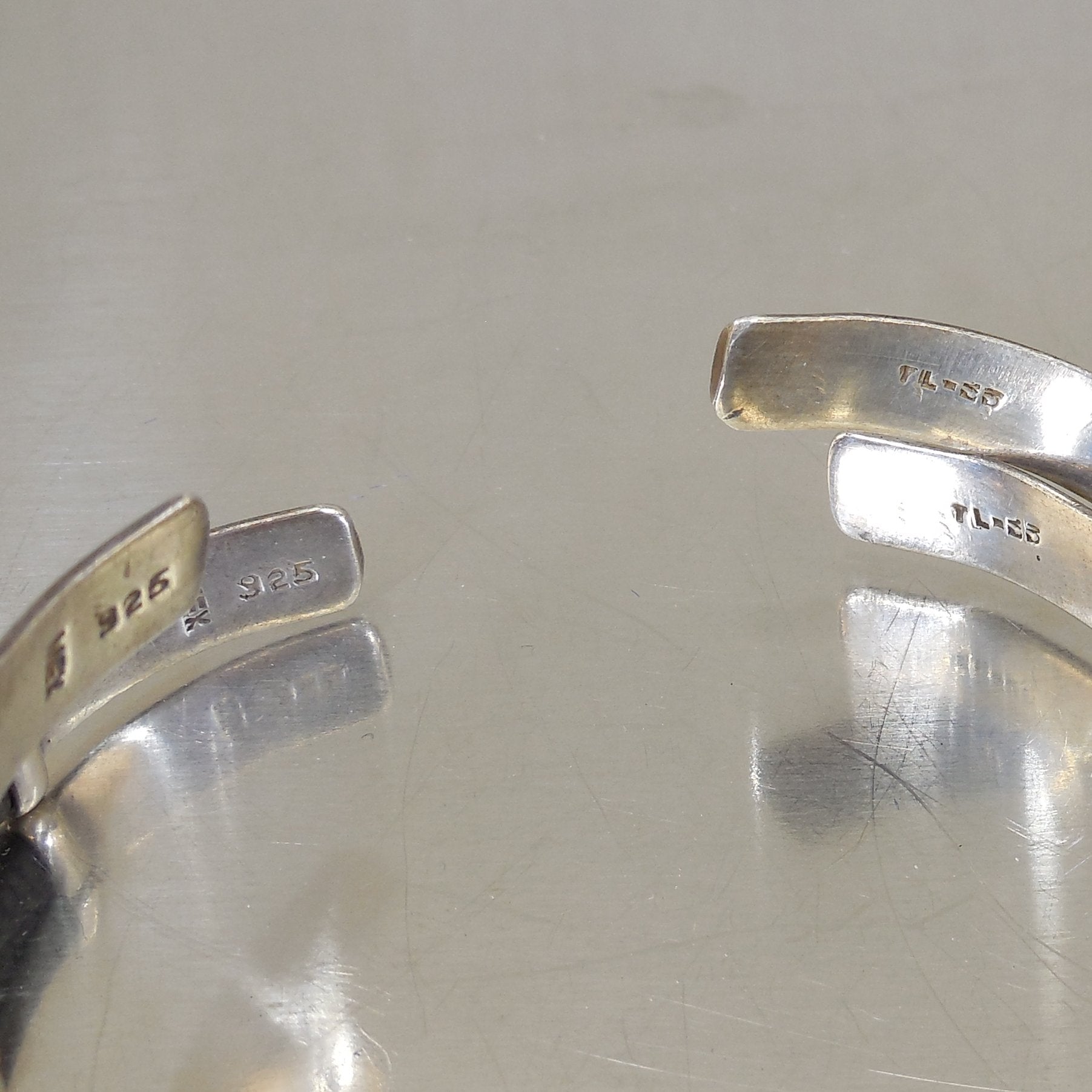 Pair Taxco TL-53 Mexico 925 Sterling Silver Snakeskin Cuff Bracelets Signed