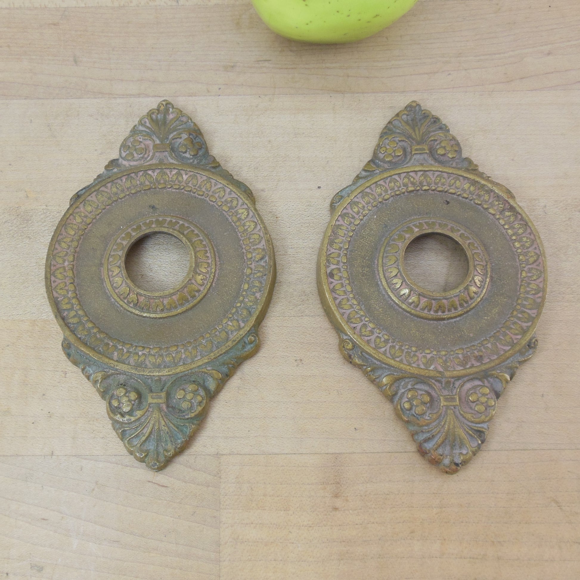 Antique Pair Bronze/Brass Ornate Victorian Door Knob Back Cover Plates 5-3/16"