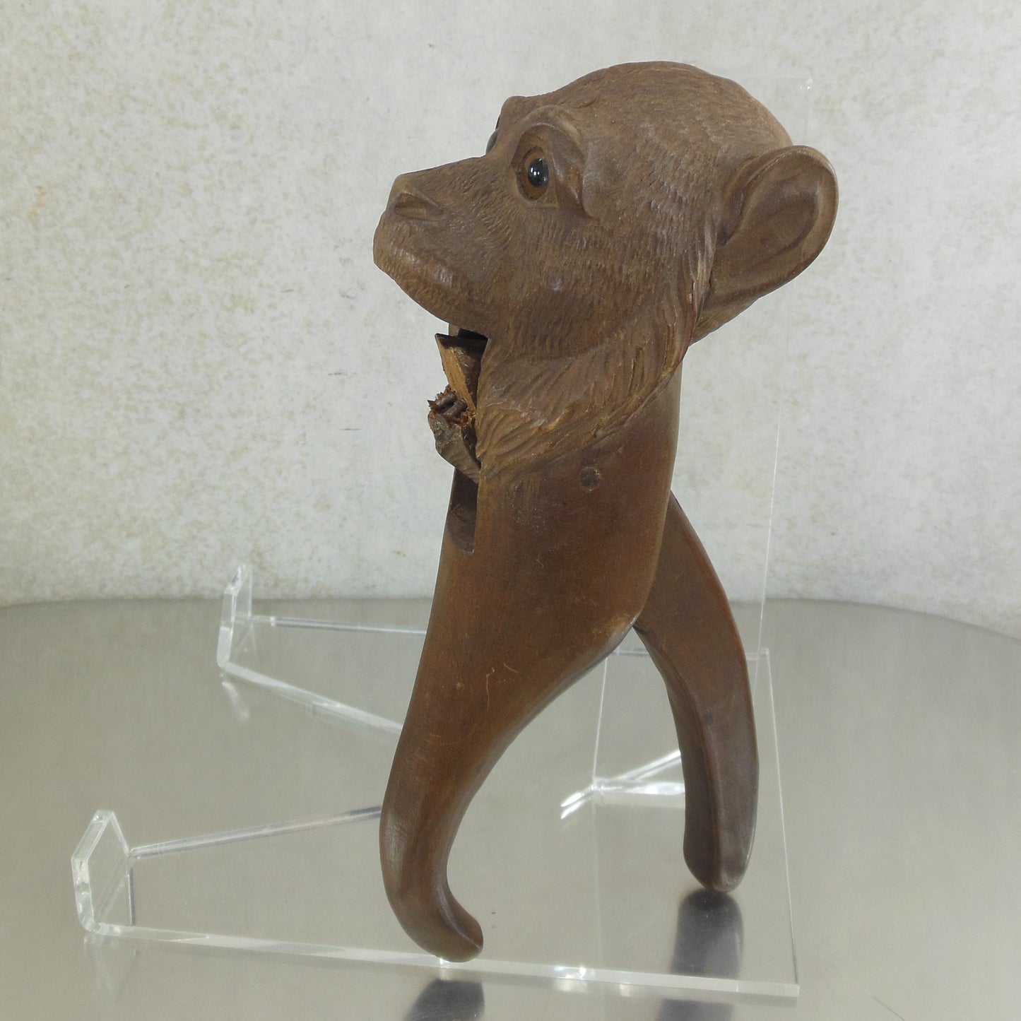 Antique Black Forest Carved Wood Monkey Nutcracker Glass Eyes - Repair Parts Borken Jaw