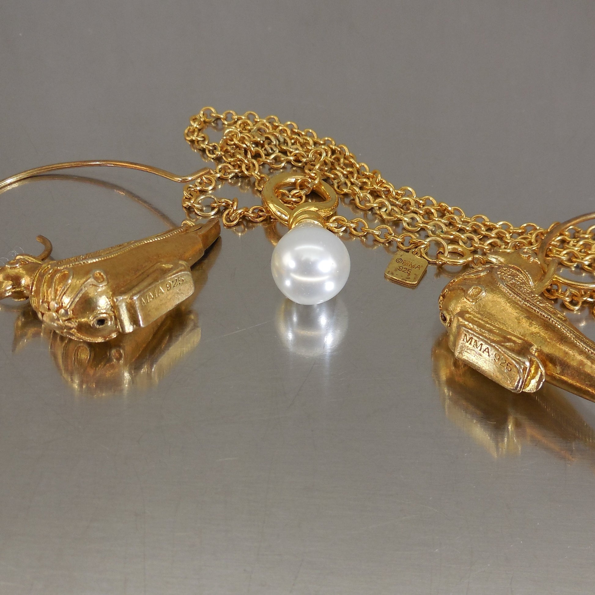 Metropolitan Museum Of Art MMA Sterling 925 Pearl Necklace Dove Earrings Gold Vermeil