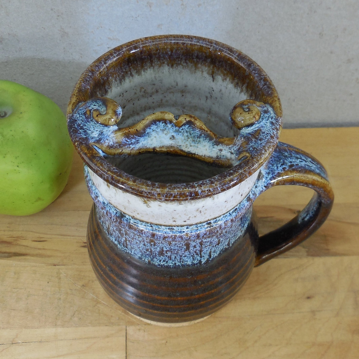 Signed Studio Pottery Men's Mustache Guard Tall Mug Blue Brown