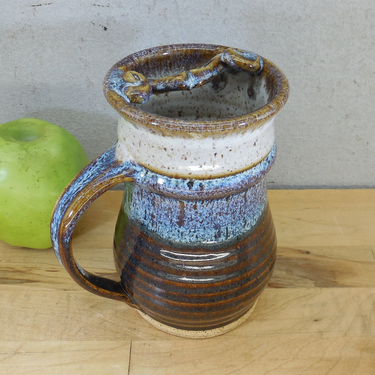Signed Studio Pottery Men's Mustache Guard Tall Mug Blue Brown