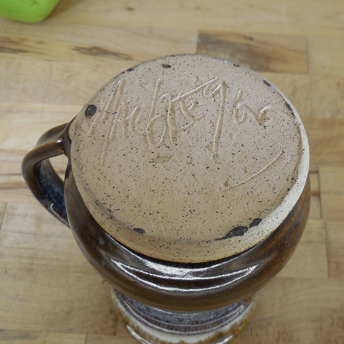 Signed Studio Pottery Men's Mustache Guard Tall Mug Blue Brown