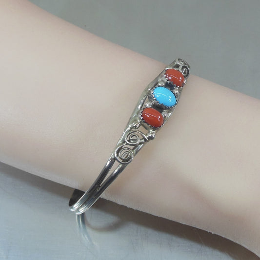 Pauline Nelson Navajo Sterling Silver Turquoise Coral Cabochon Cuff Bracelet