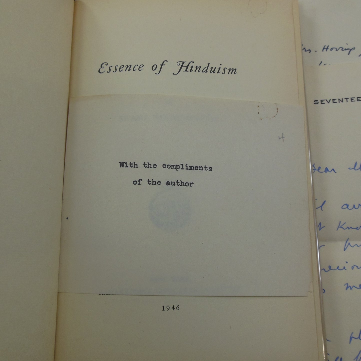 Swami Nikhilananda Signed Letters in Book - Essence of Hinduism 1946 compliments of author