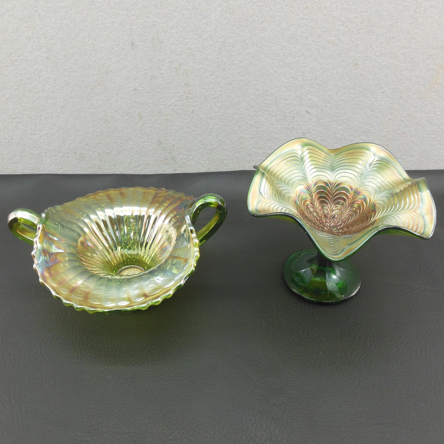 Northwood Fenton Carnival Glass Bon Bon Bowl & Compote Gold Green Peacock