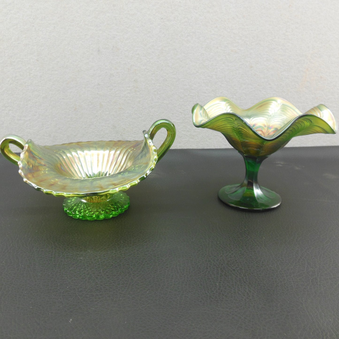 Northwood Fenton Carnival Glass Bon Bon Bowl & Compote Gold Green Peacock Vintage