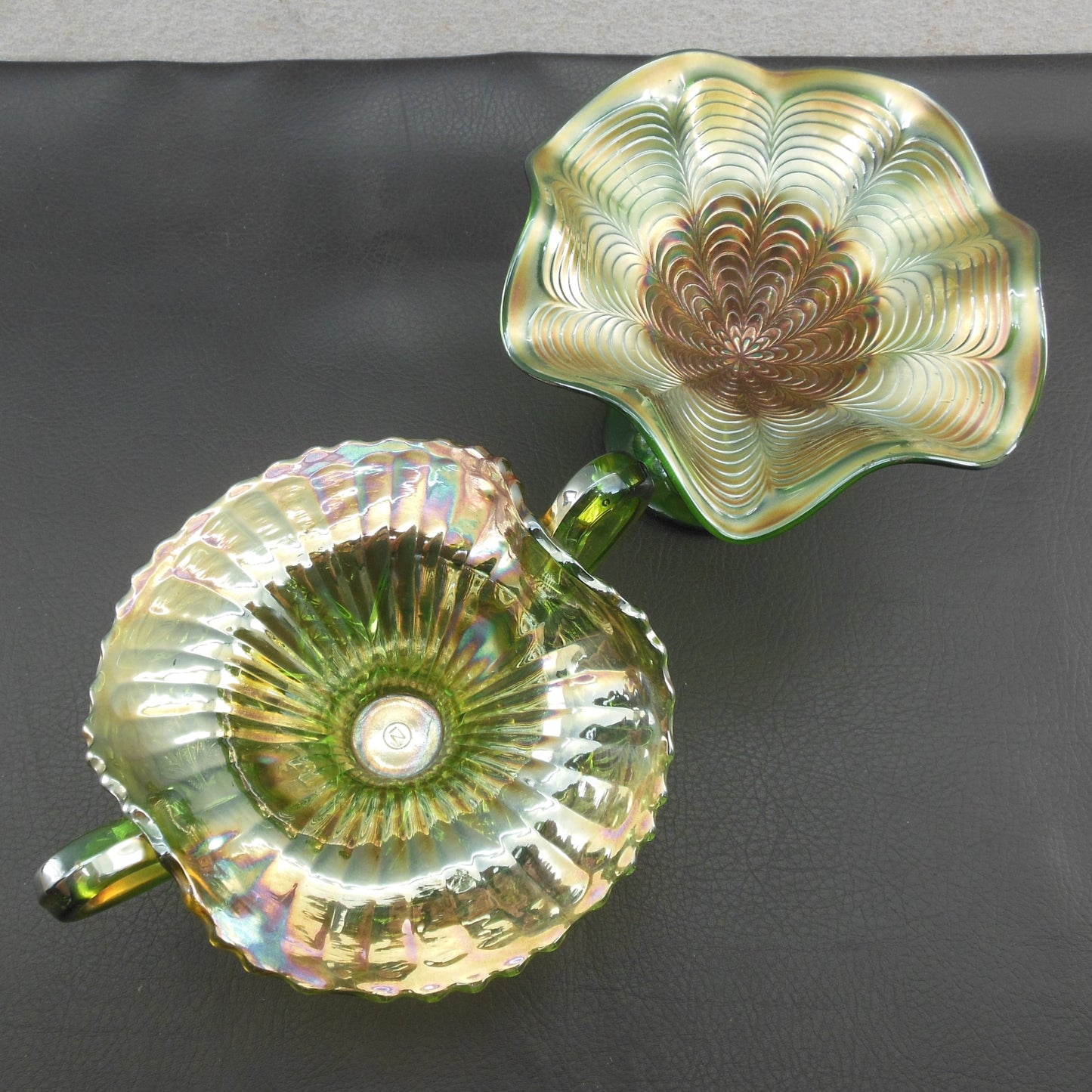 Northwood Fenton Carnival Glass Bon Bon Bowl & Compote Gold Green Peacock Feather