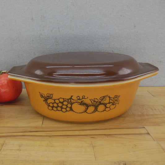 Pyrex Glass Old Orchard 043 Lidded Casserole Dish 1.5 Qt. Brown Lid