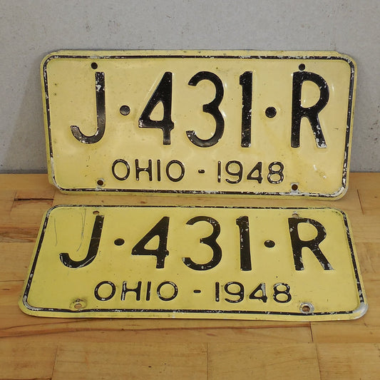 Ohio 1948 License Plate Tag - Matched Pair J-431-R Yellow Black