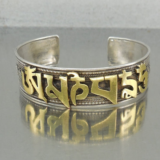 Om Mani Padme Hum Mantra Cuff Bracelet Sterling Silver Gold Gilt 34 Grams