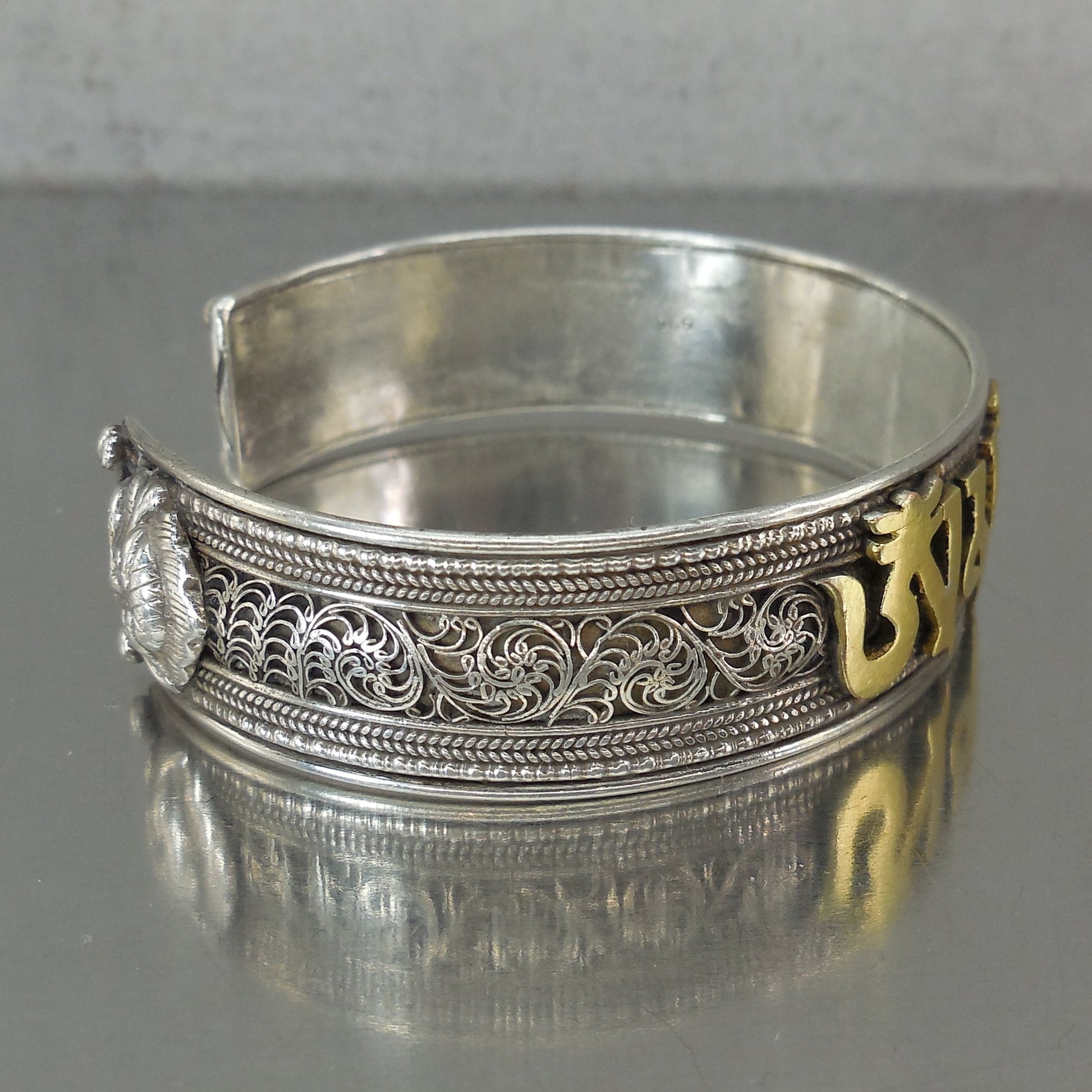 Om Mani Padme Hum Mantra Cuff Bracelet Sterling Silver Gold Gilt 34 Grams Filigree