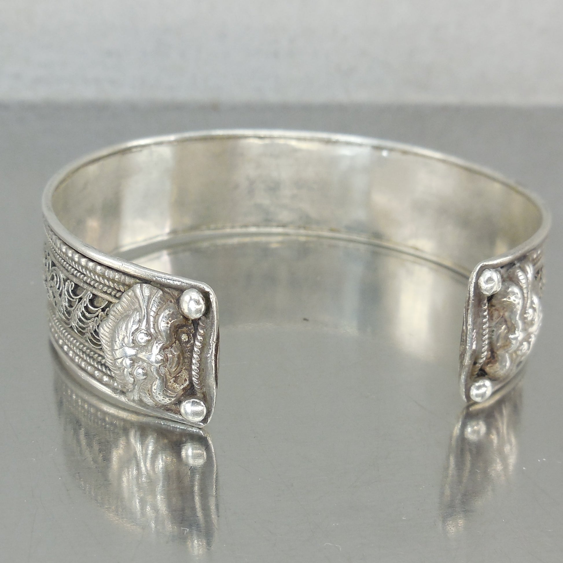 Om Mani Padme Hum Mantra Cuff Bracelet Sterling Silver Gold Gilt 34 Grams Haruka