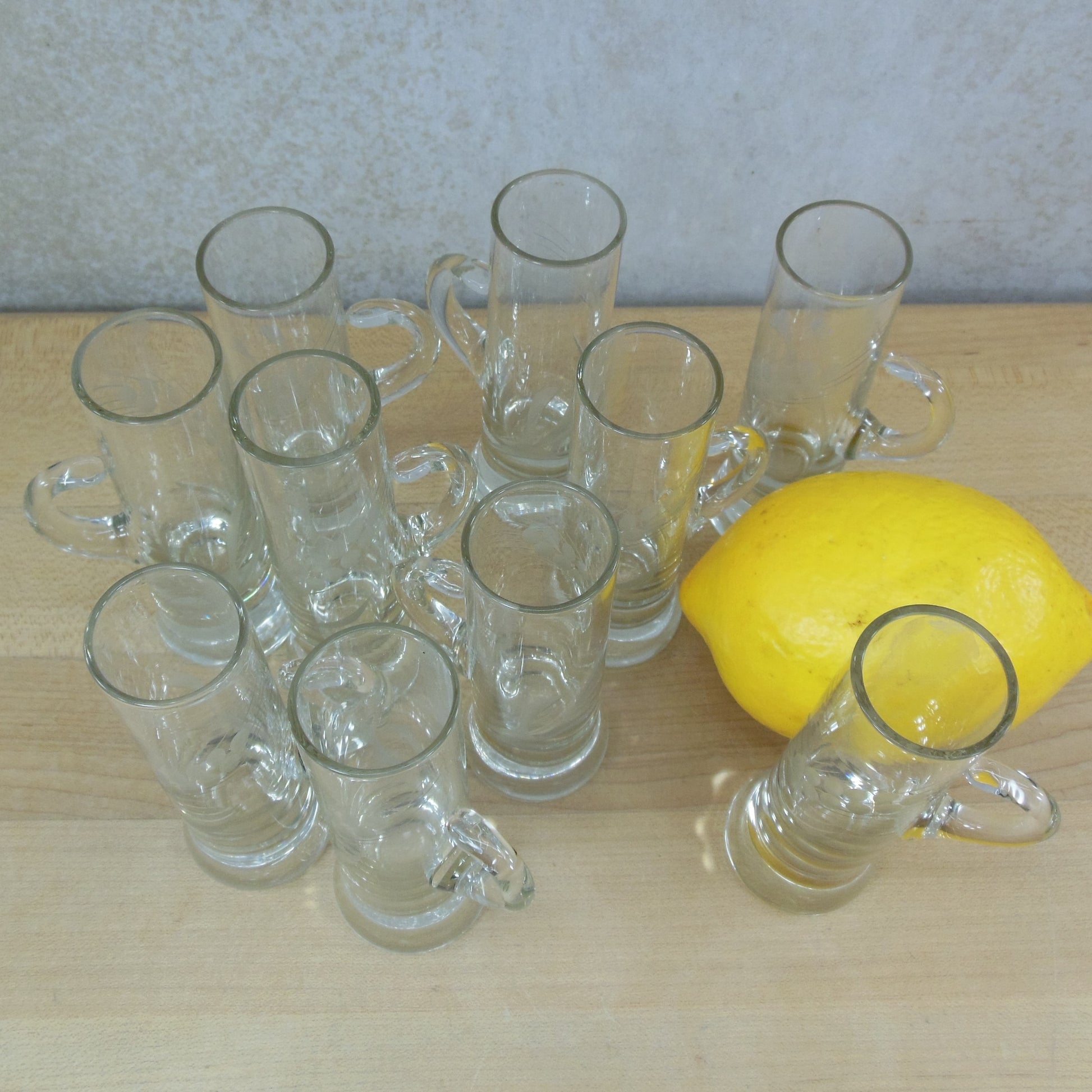 Elegant Cut Glass Wheat Liquor Shooter Glasses Blown Handle - 10 Set Vintage