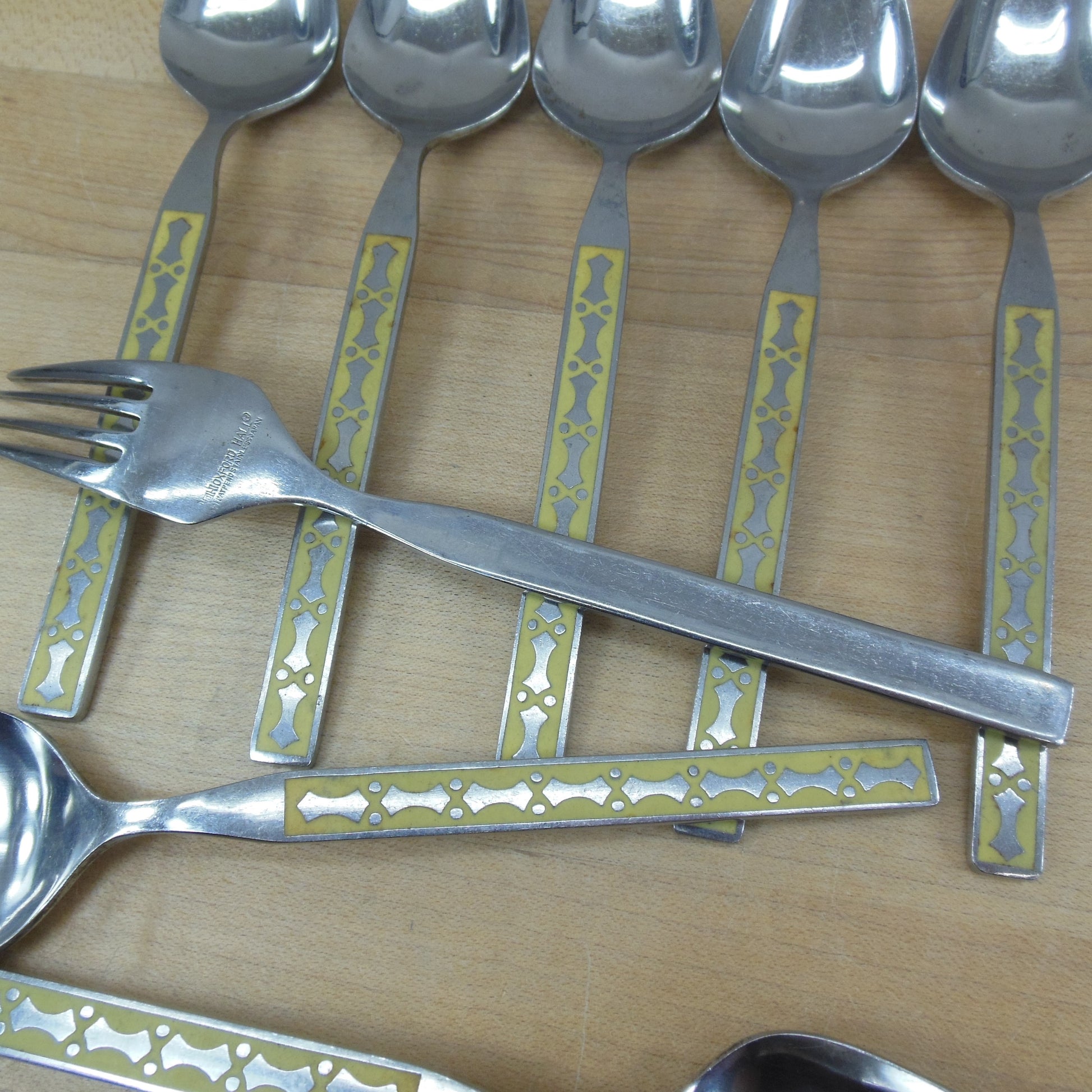 Oxford Hall OH64 Yellow Stainless 9 Teaspoons & 1 Salad Fork used