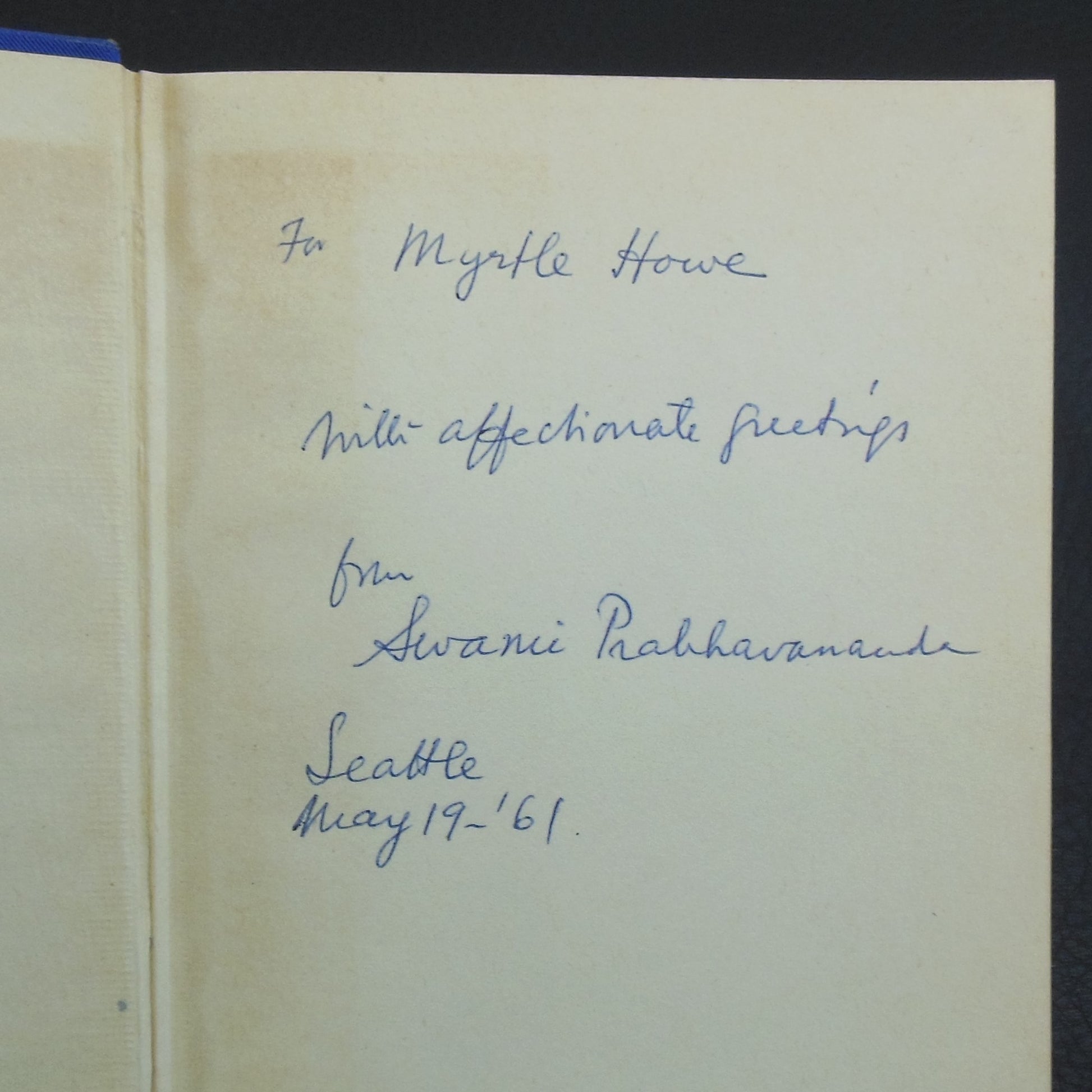 Swami Prabhavananda Signed Book - The Eternal Companion 1947 Inscribed
