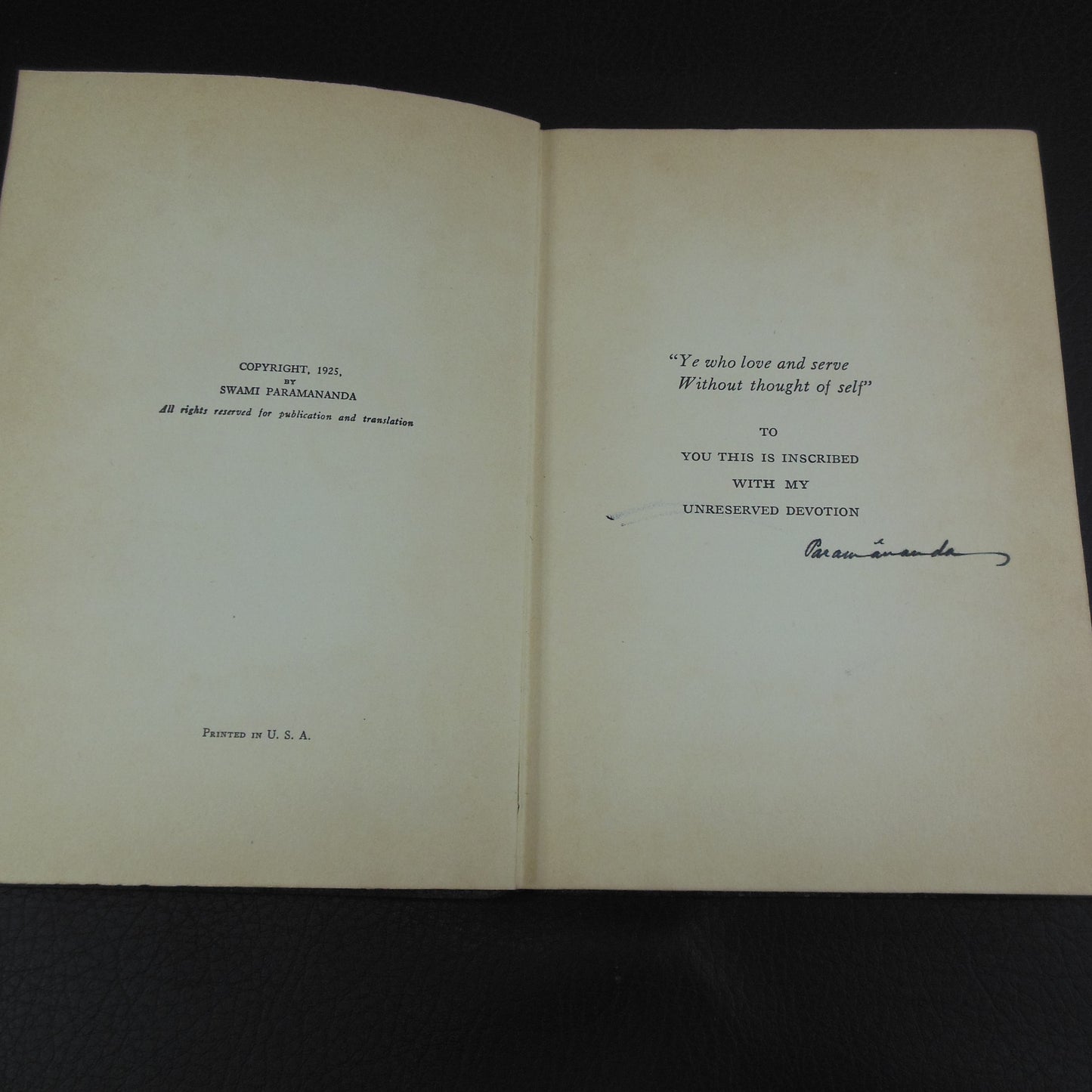 Swami Paramananda Signed Book - Rhythm Of Life Series 3 1925 Dedication Page
