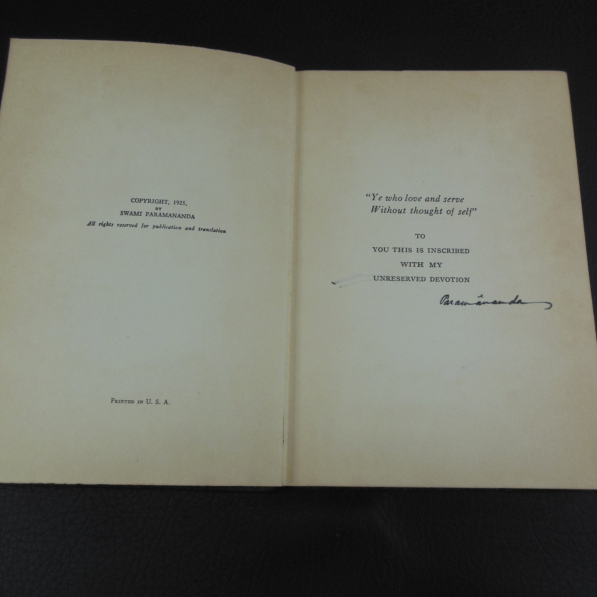 Swami Paramananda Signed Book - Rhythm Of Life Series 3 1925 Dedication Page