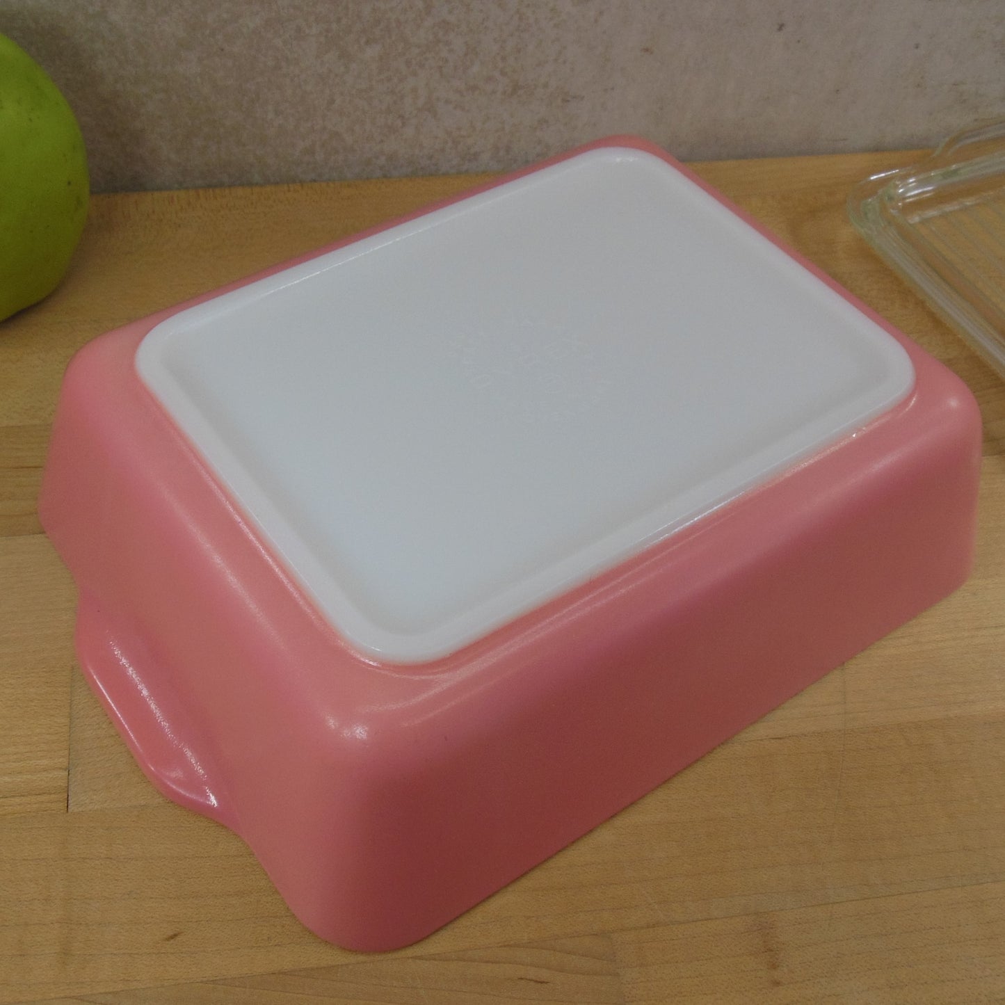 Pyrex Glass USA Flamingo Pink 503 Refrigerator Dish Ribbed Lid White