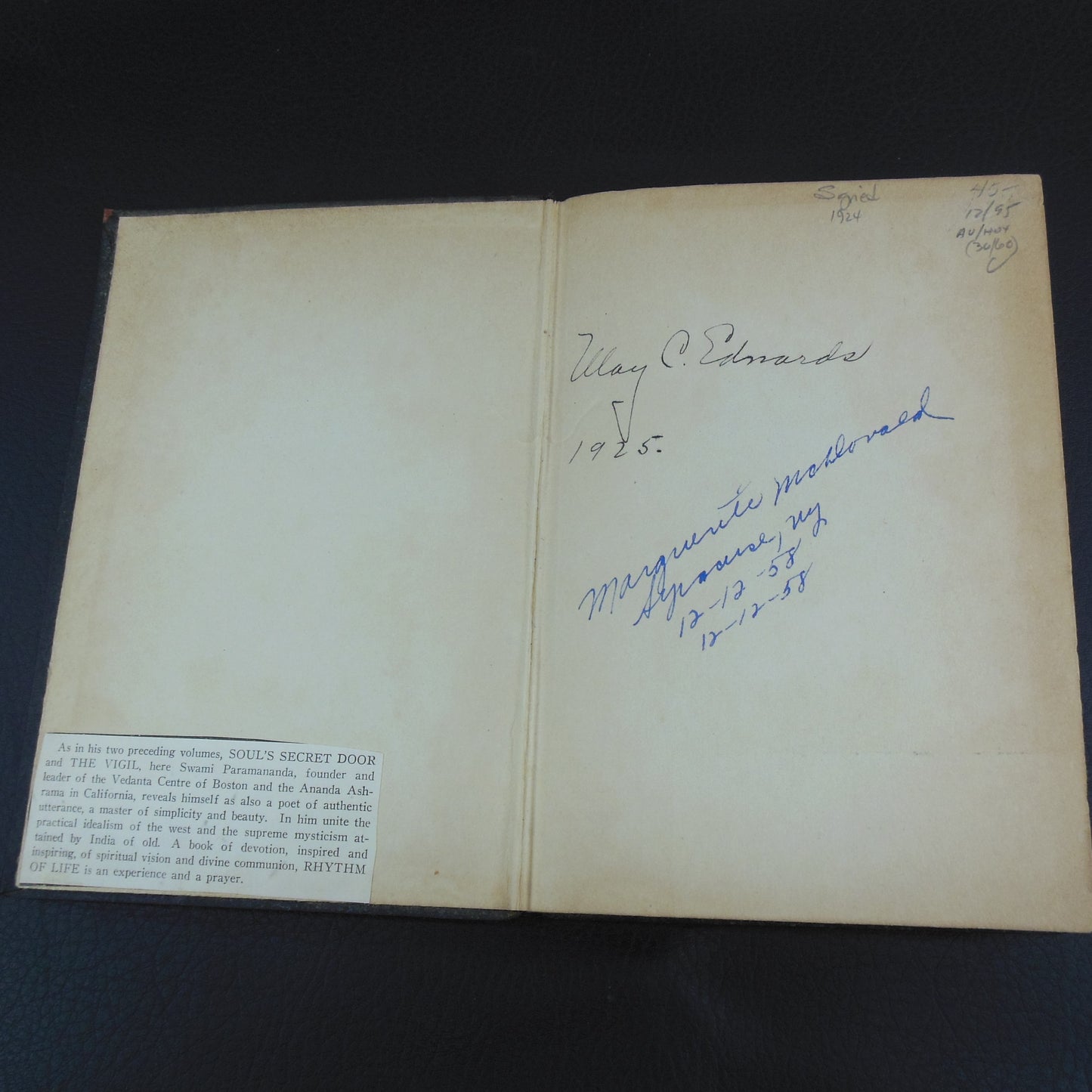 Swami Paramananda Signed Book - Rhythm Of Life Series 3 1925 owner names
