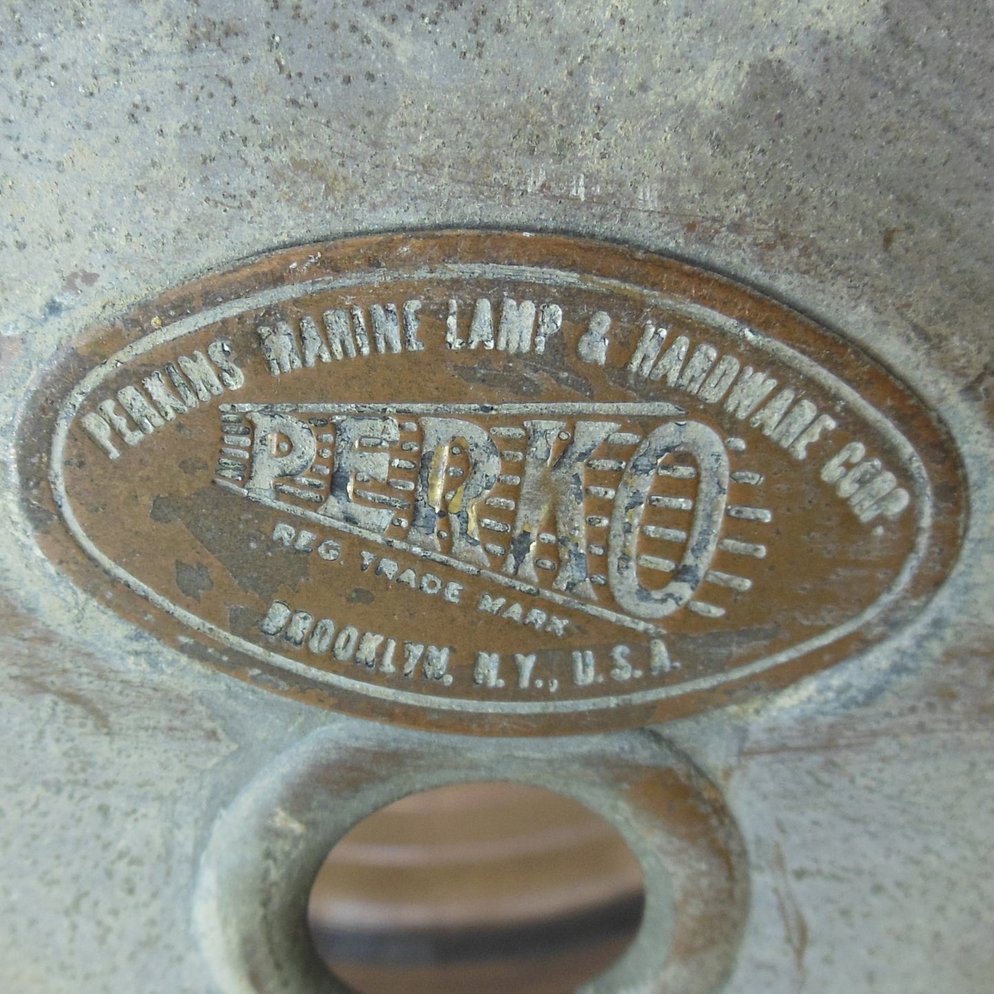 Antique Perko Lamp & Hardware Corp Brass Ship Boat Light Wall Lantern Maker Tag