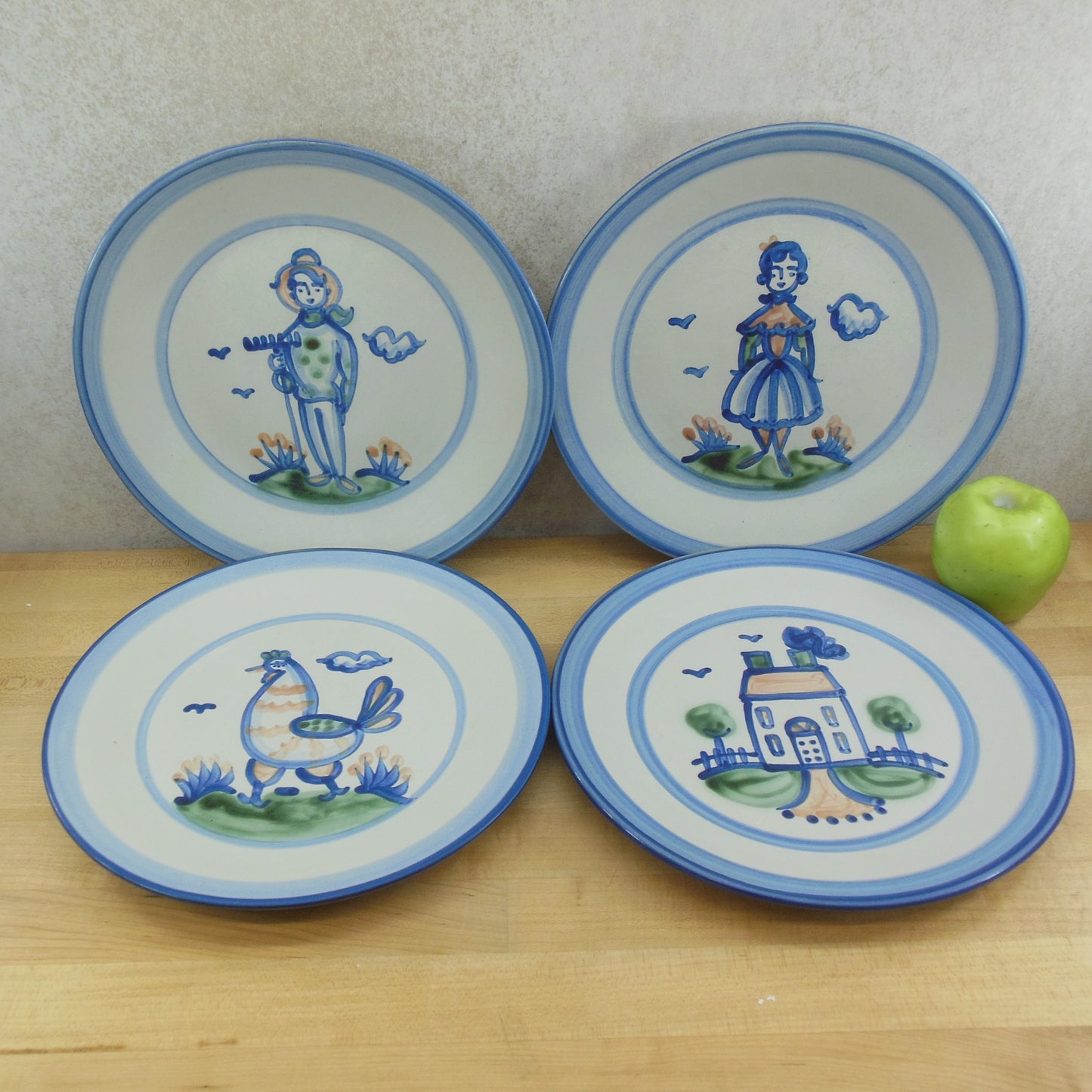 M.A. Hadley Pottery 4 Set Dinner Plates 11" House Chicken Farmer Man Woman - Discounted