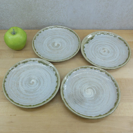 Unknown Signed Studio Pottery Salad/Dessert Plates Green White Swirl Asian