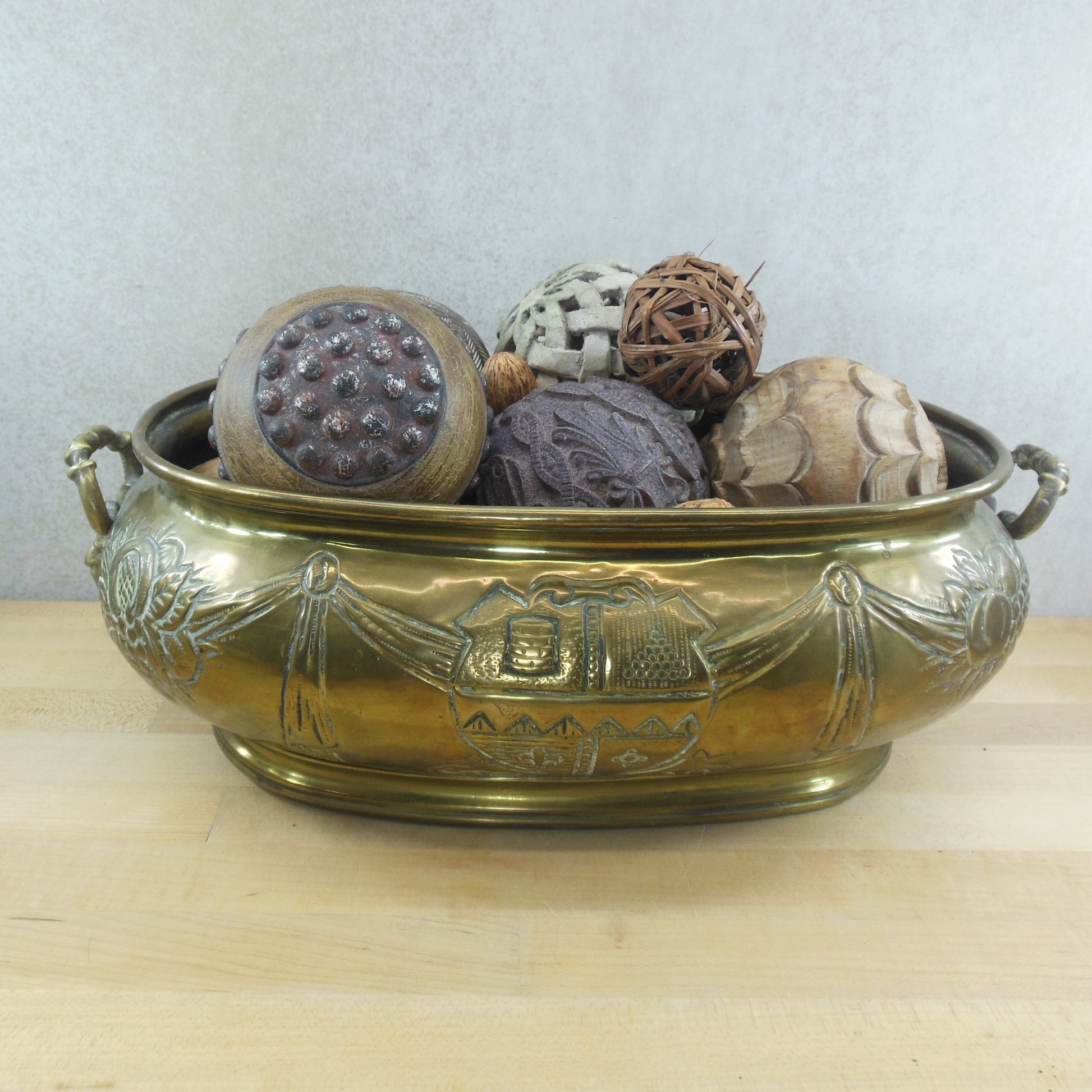 Antique English Repousse Brass Oval Planter Jardiniere & Carved Balls Seeds Gourds