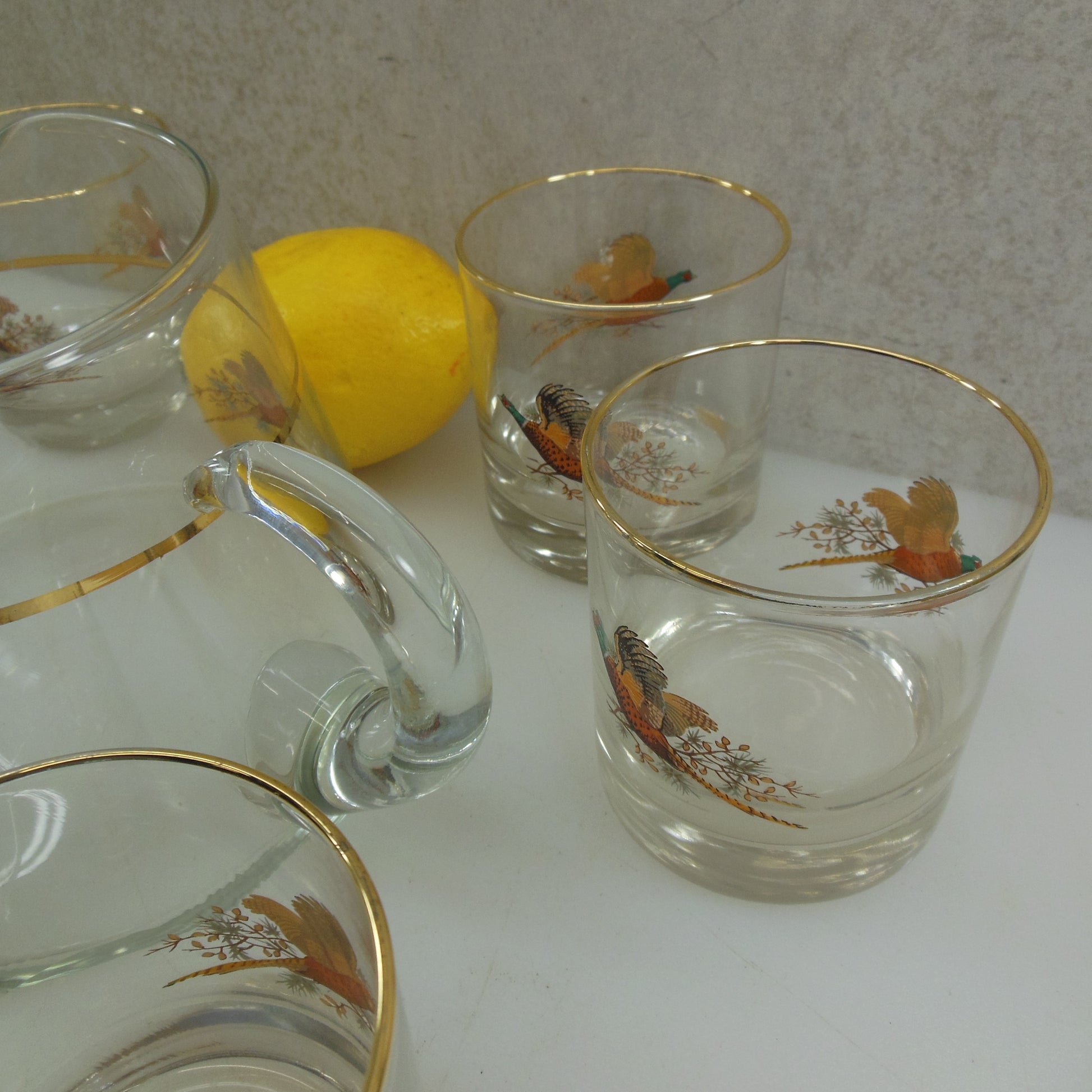 West Virginia Glass Barware Set Pheasant 6 Low Ball & Cocktail Pitcher Tumbler Glasses