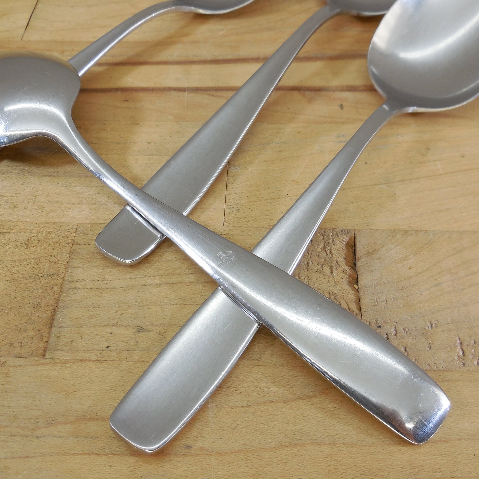 WMF Germany Older Line Cromargan Stainless Place Oval Soup Spoons - 4 Set Vintage Triangle Mark