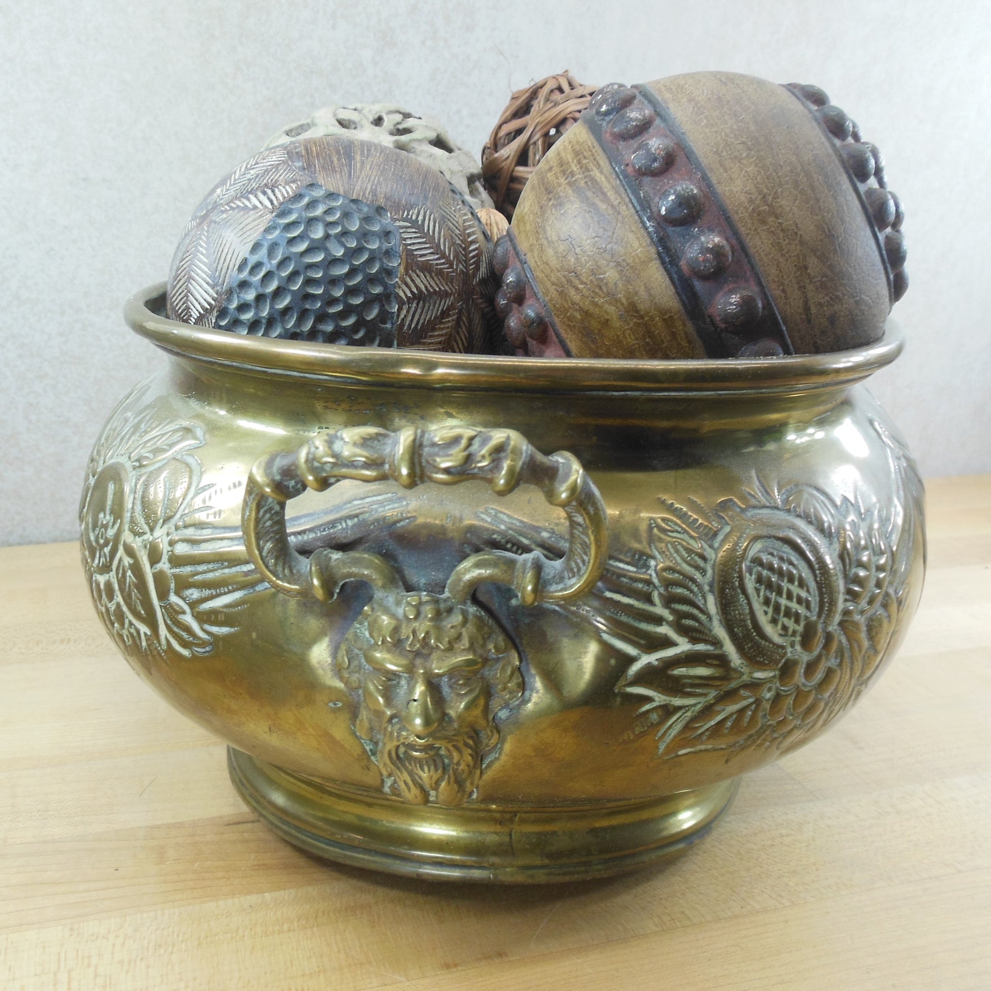 Antique English Repousse Brass Oval Planter Jardiniere & Carved Balls Seeds Gourds Bearded Man Handles