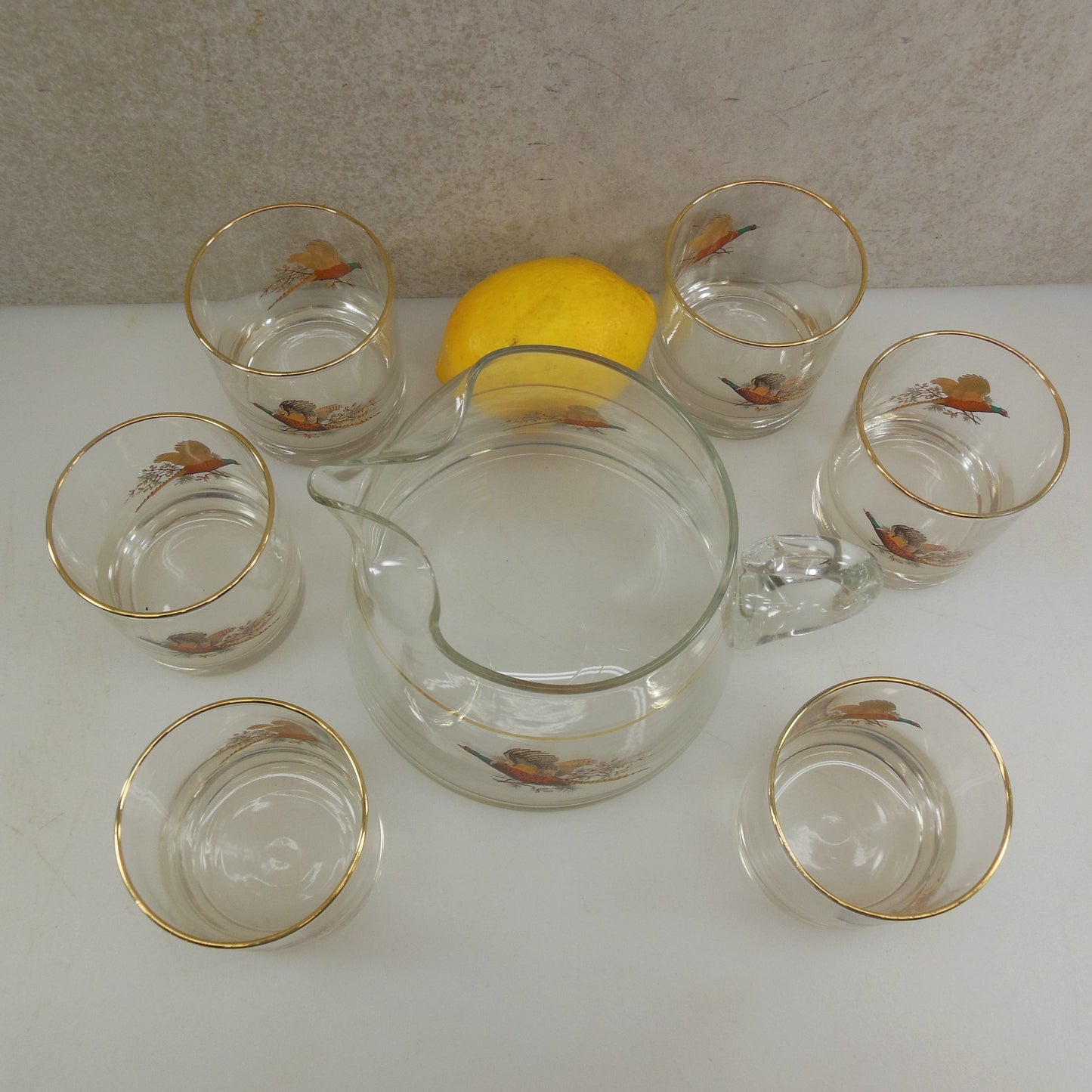West Virginia Glass Barware Set Pheasant 6 Low Ball & Cocktail Pitcher used