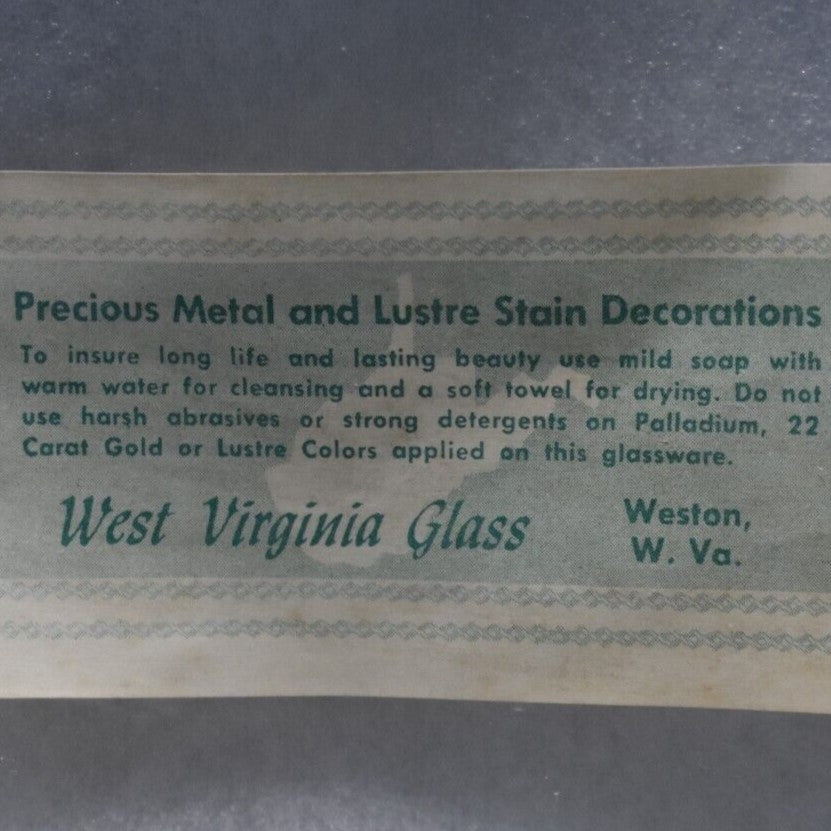 West Virginia Glass Barware Set Pheasant 6 Low Ball & Cocktail Pitcher label instructions