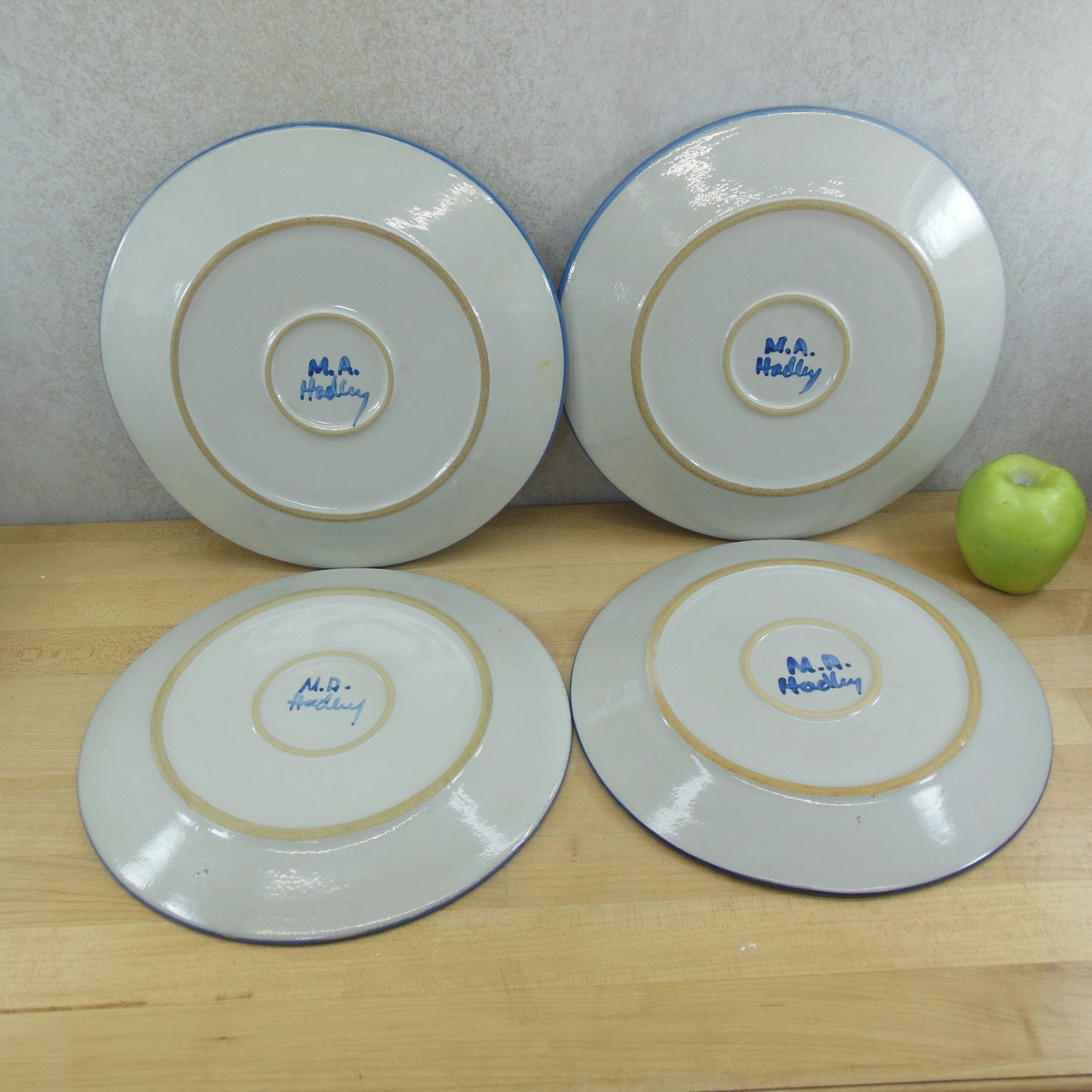 M.A. Hadley Pottery 4 Set Dinner Plates 11" House Chicken Farmer Man Woman - Discounted signed