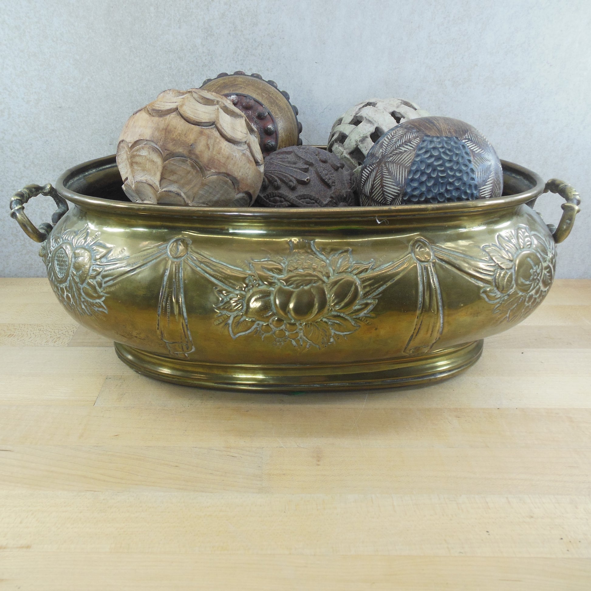 Antique English Repousse Brass Oval Planter Jardiniere & Carved Balls Seeds Gourds Floral Flowers