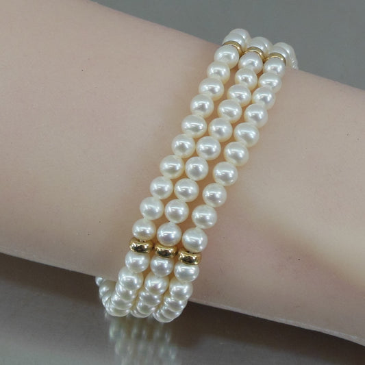 Estate 14K Yellow Gold Clasp & Beads 3 Strand Cultured Pearl Bracelet