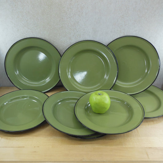 Huta Silesia Poland Avocado Green Enamelware 10" Dinner Plates - 8 Set
