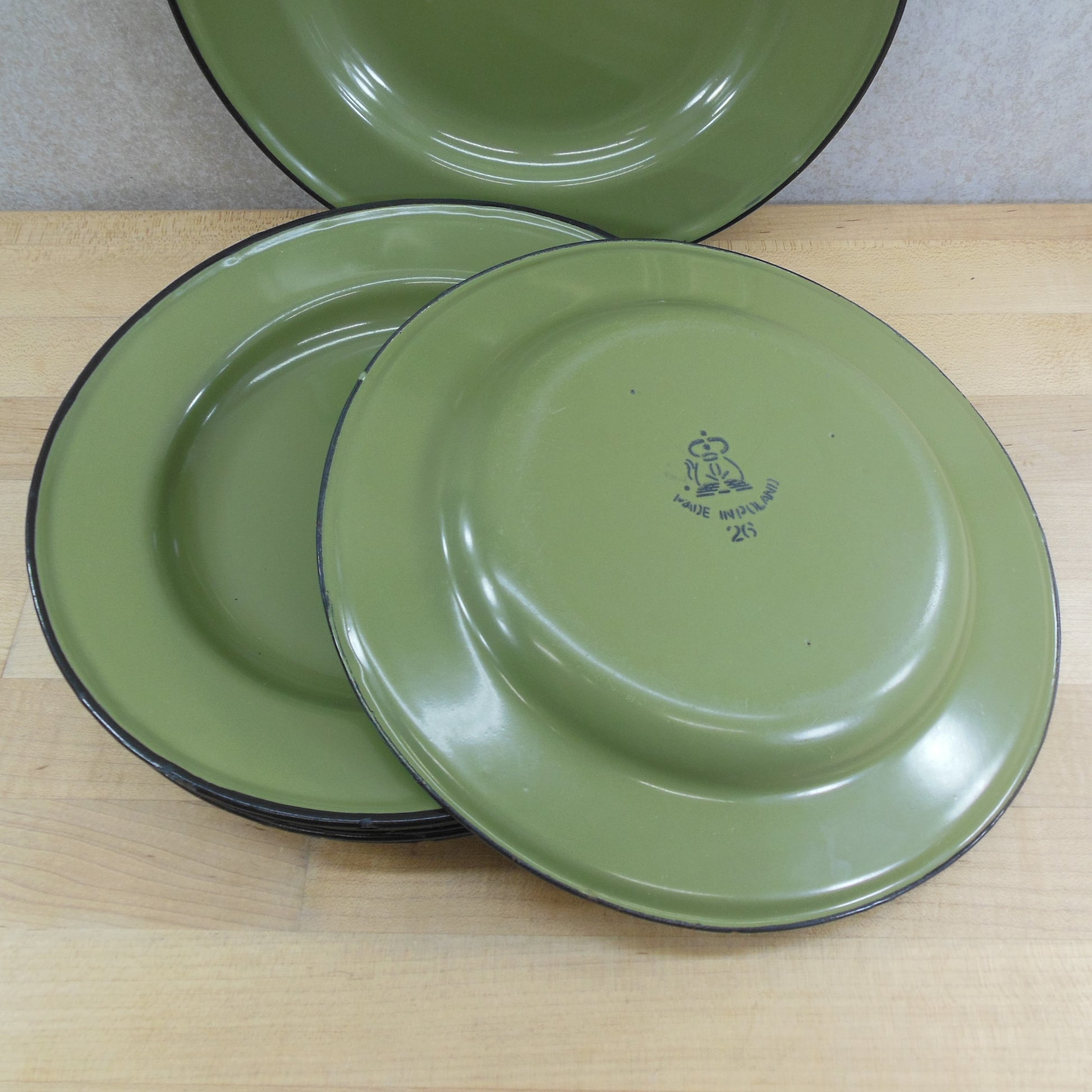 Huta Silesia Poland Avocado Green Enamelware 10" Dinner Plates - 8 Set Vintage