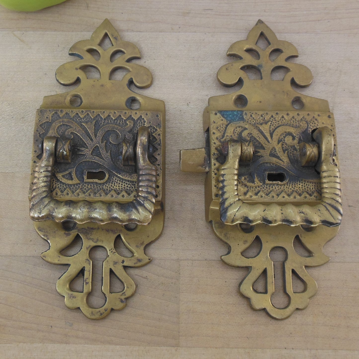 Antique Ornate Brass Ice Box Cabinet Lockset Latch & Plus Parts - No Key