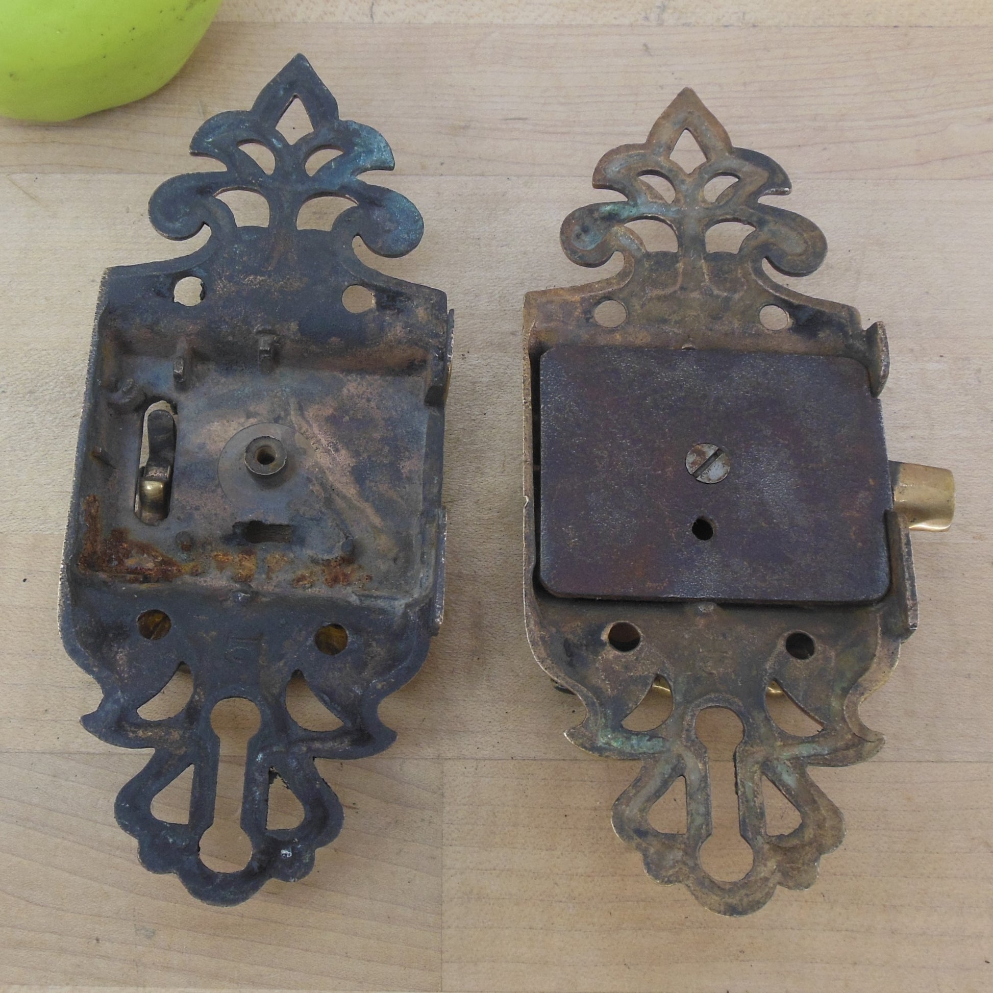 Antique Ornate Brass Ice Box Cabinet Lockset Latch & Plus Parts - No Key used