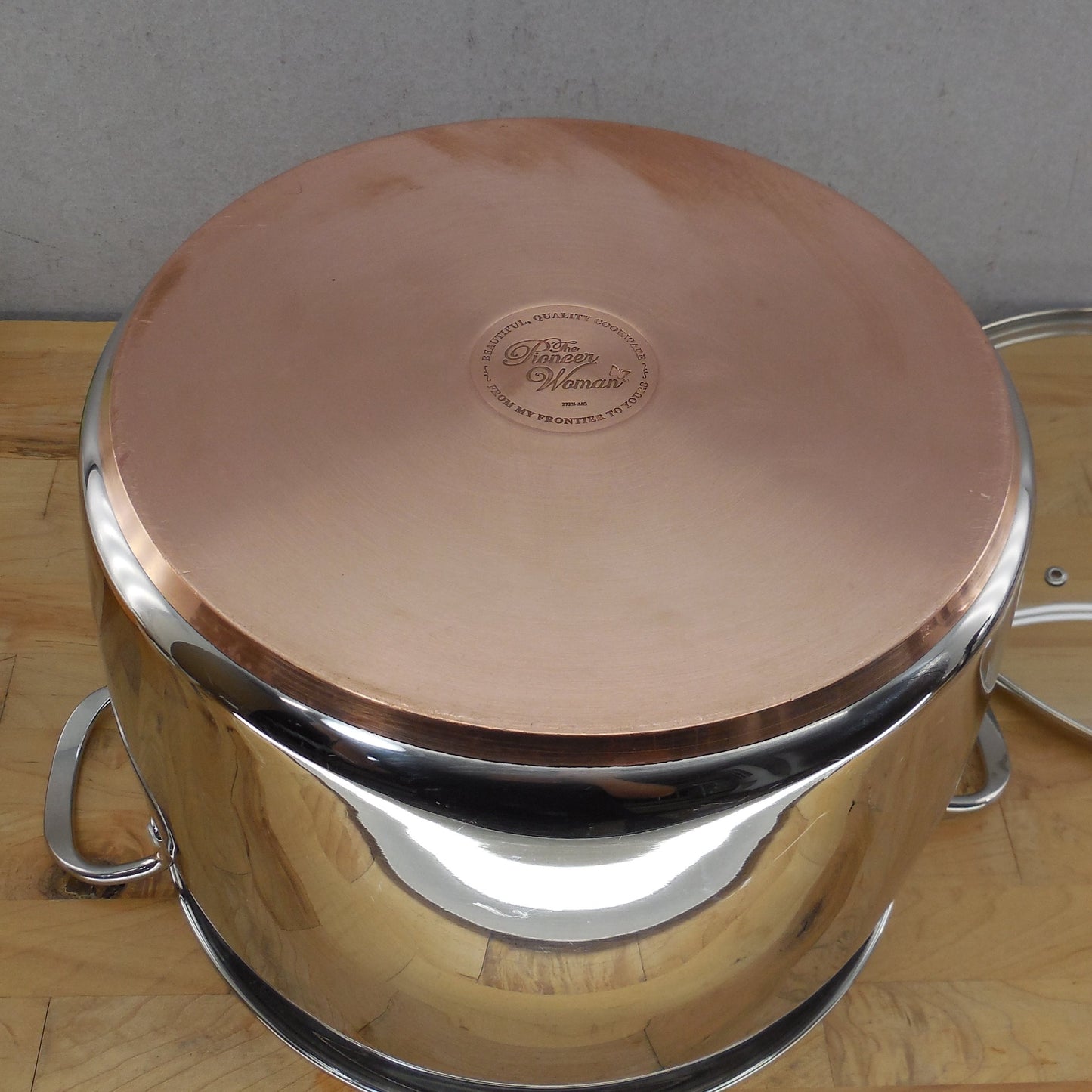 Pioneer Woman 16 Quart Stainless Stock Pot Glass Lid Copper Bottom Cleaned