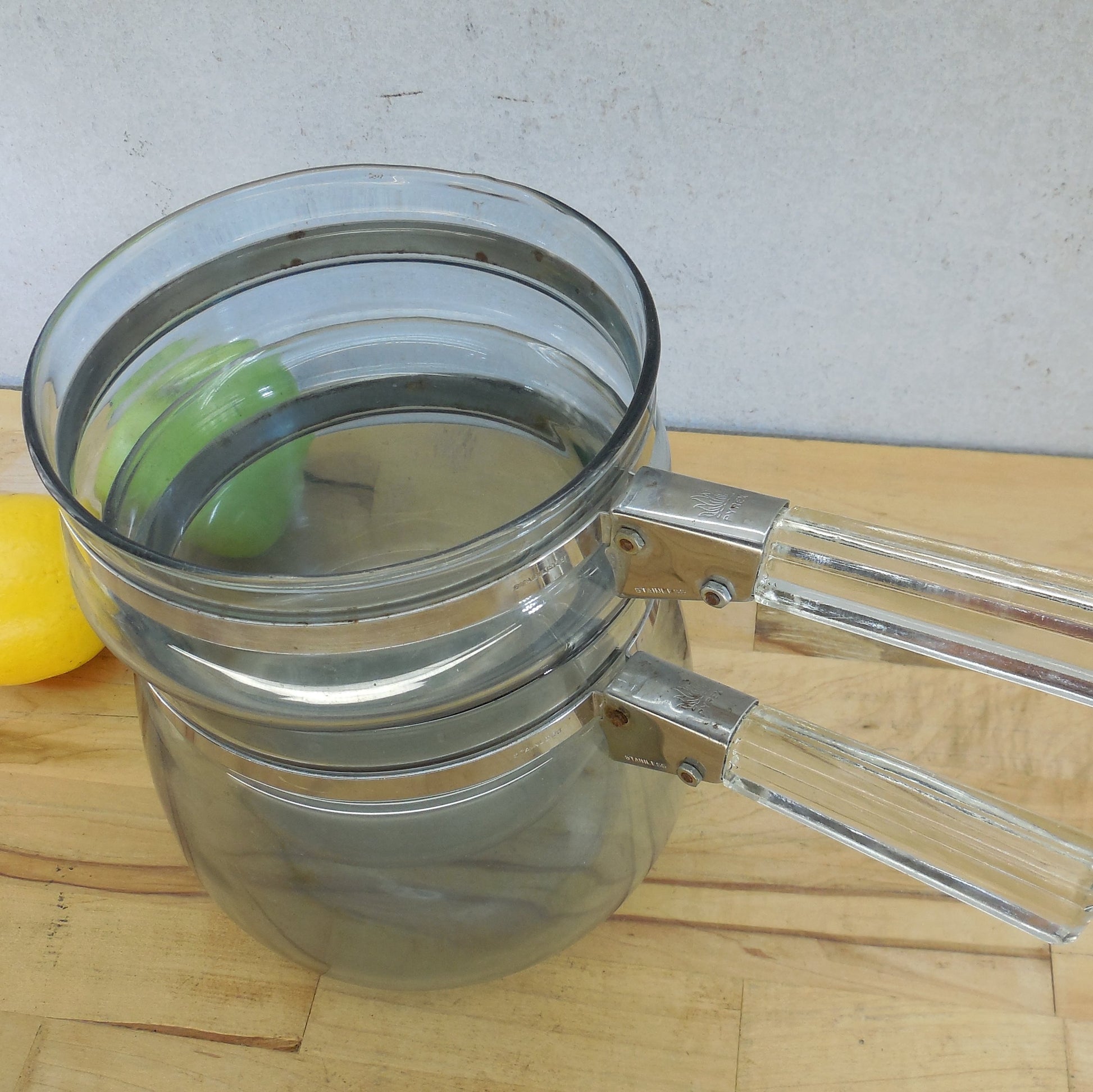 Pyrex Glass USA Early Blue Flameware Double Boiler - No Lid Unrestored Vintage