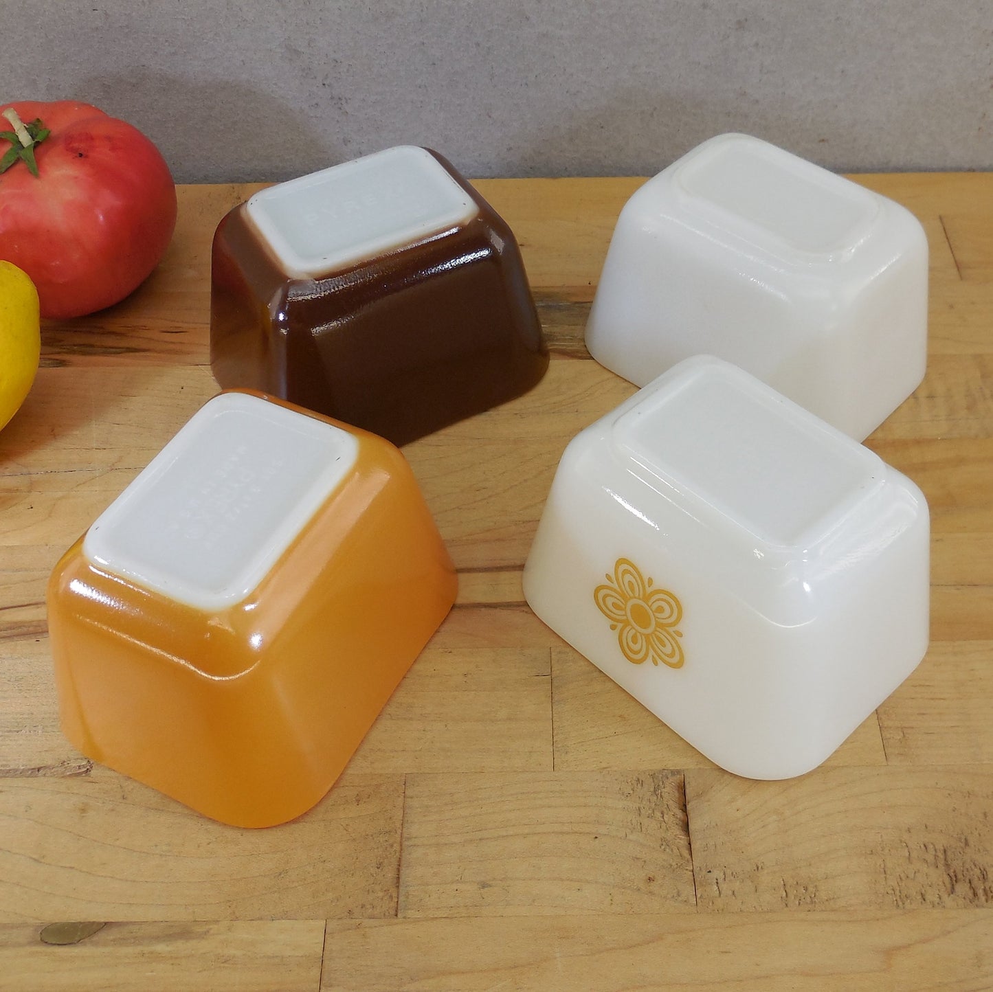 Pyrex Glass 4 Lot 501 Refrigerator Dishes Butterfly Gold White Brown No Lids Vintage