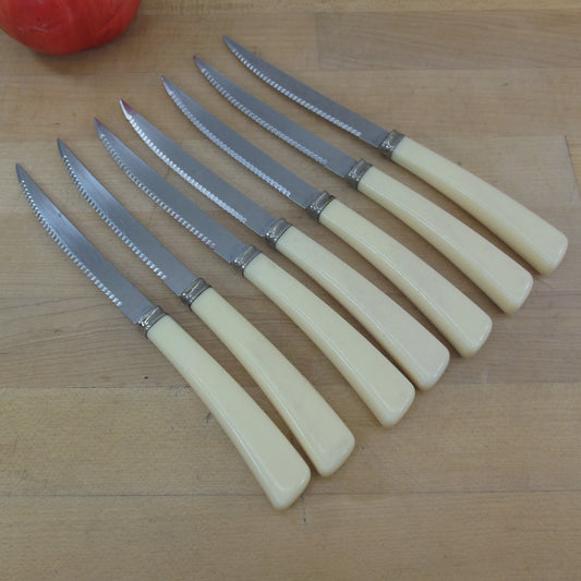 Quikut USA Serrated Stainless Steak Knives Ivory Plastic Handle - 7 Set Used