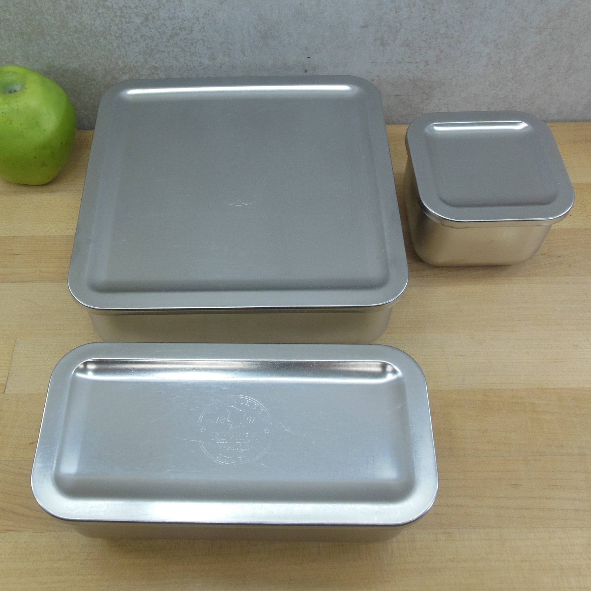Revere Ware Stainless 3 Set Refrigerator Dishes Storage Containers small large medium